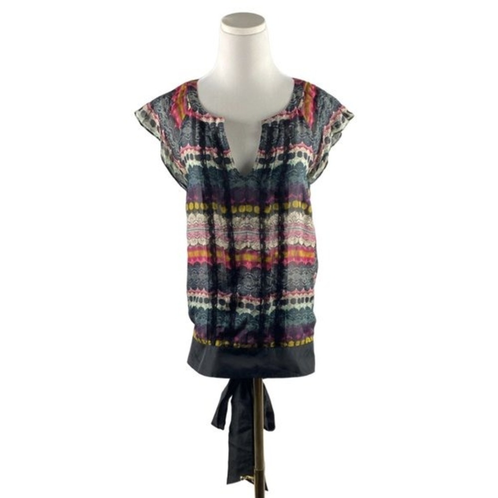 Anthropologie‎ Odille Silk Blouse Women Size 8 Banded Hem Pintuck Pleated Top